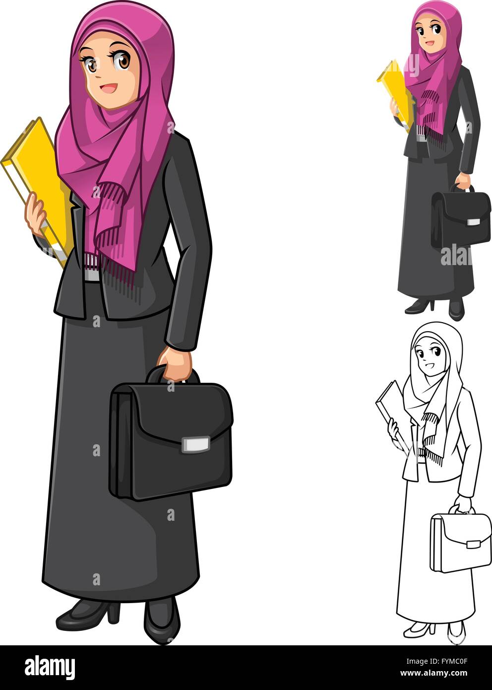 Muslimische Geschäftsfrau tragen Fuchsia Schleier oder Schal mit Holding Aktenkoffer-Cartoon-Charakter-Vektor-Illustration Stock Vektor