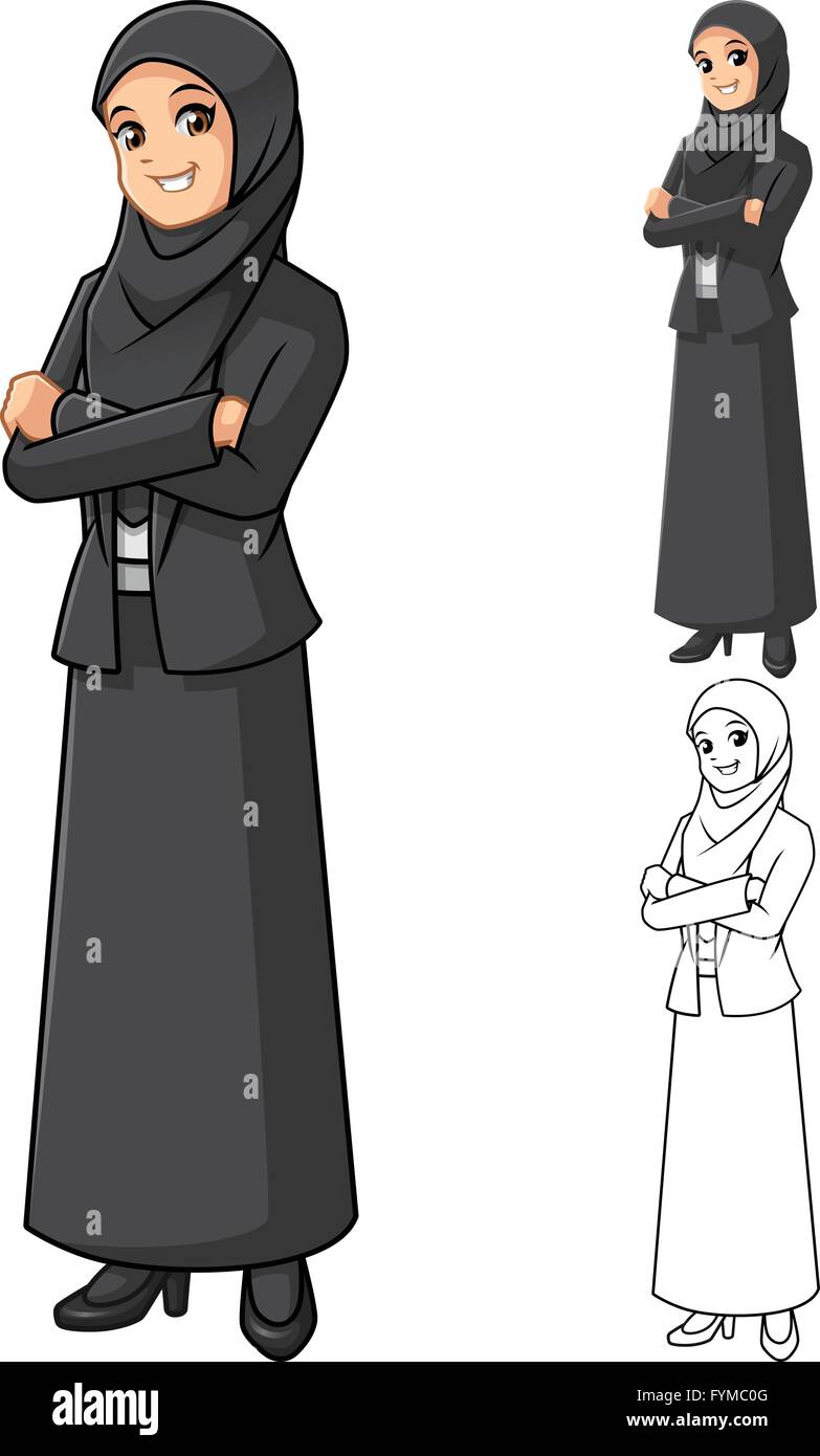 Muslimische Geschäftsfrau trägt schwarze Schleier oder Schal mit gefalteten Händen-Cartoon-Charakter-Vektor-Illustration Stock Vektor
