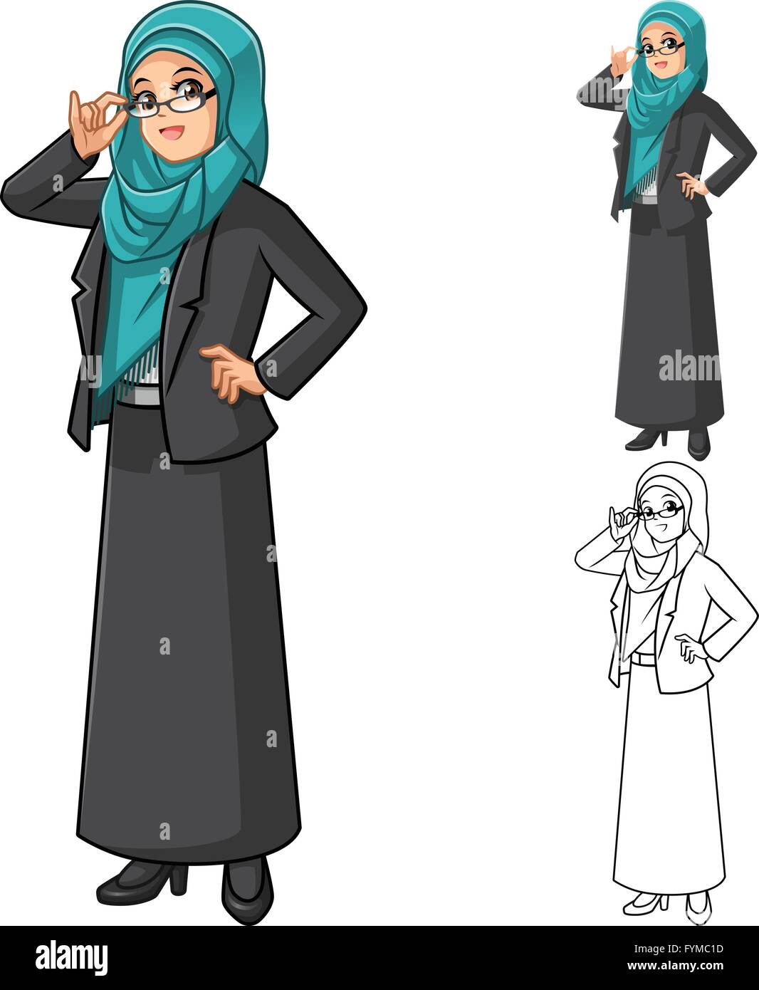 Muslimische Geschäftsfrau tragen grüne Tosca Schleier oder Schal mit Brille-Cartoon-Charakter-Vektor-Illustration Stock Vektor