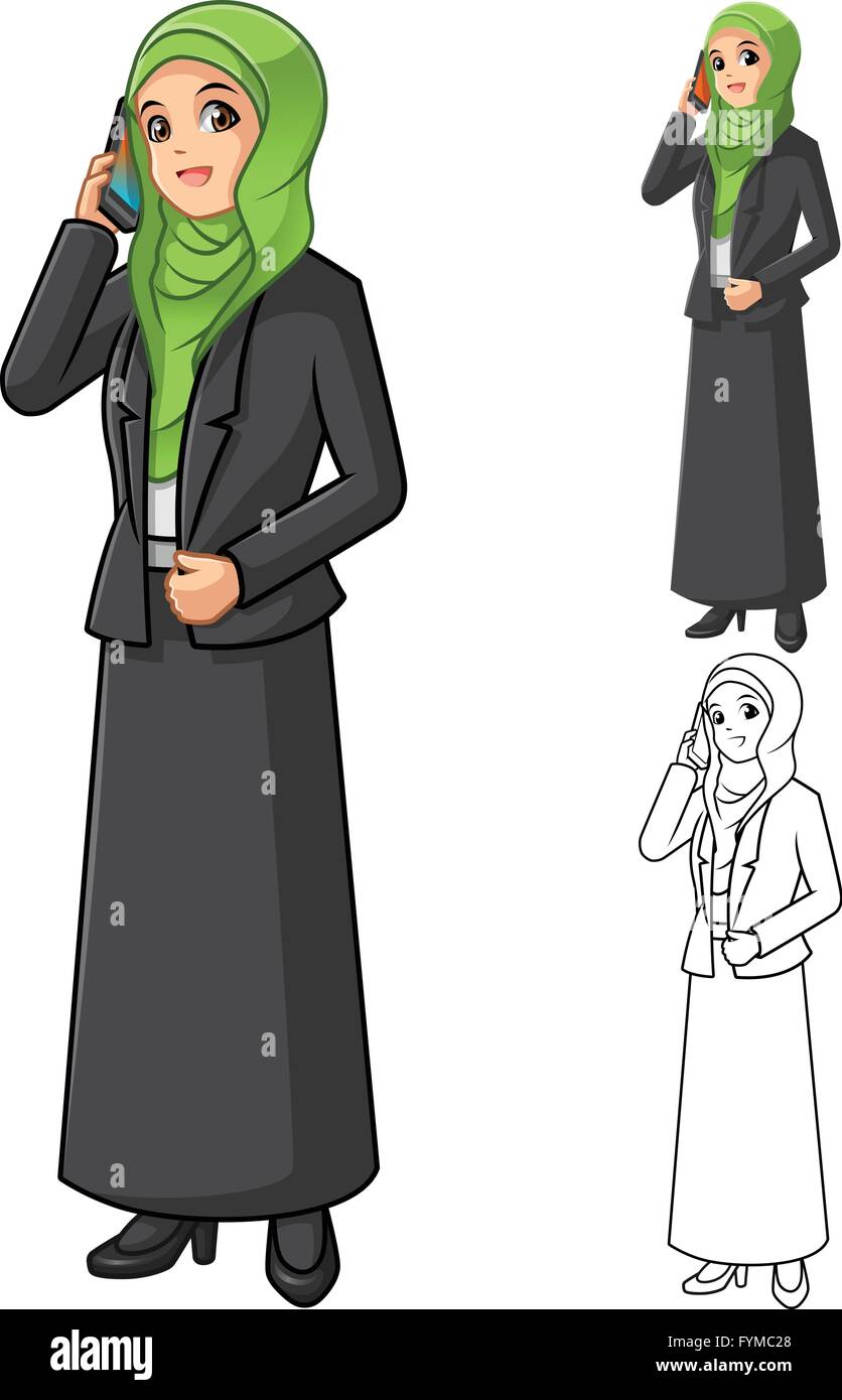 Muslimische Geschäftsfrau tragen grüne Schleier oder Schal mit Holding Smartphone-Cartoon-Charakter-Vektor-Illustration Stock Vektor