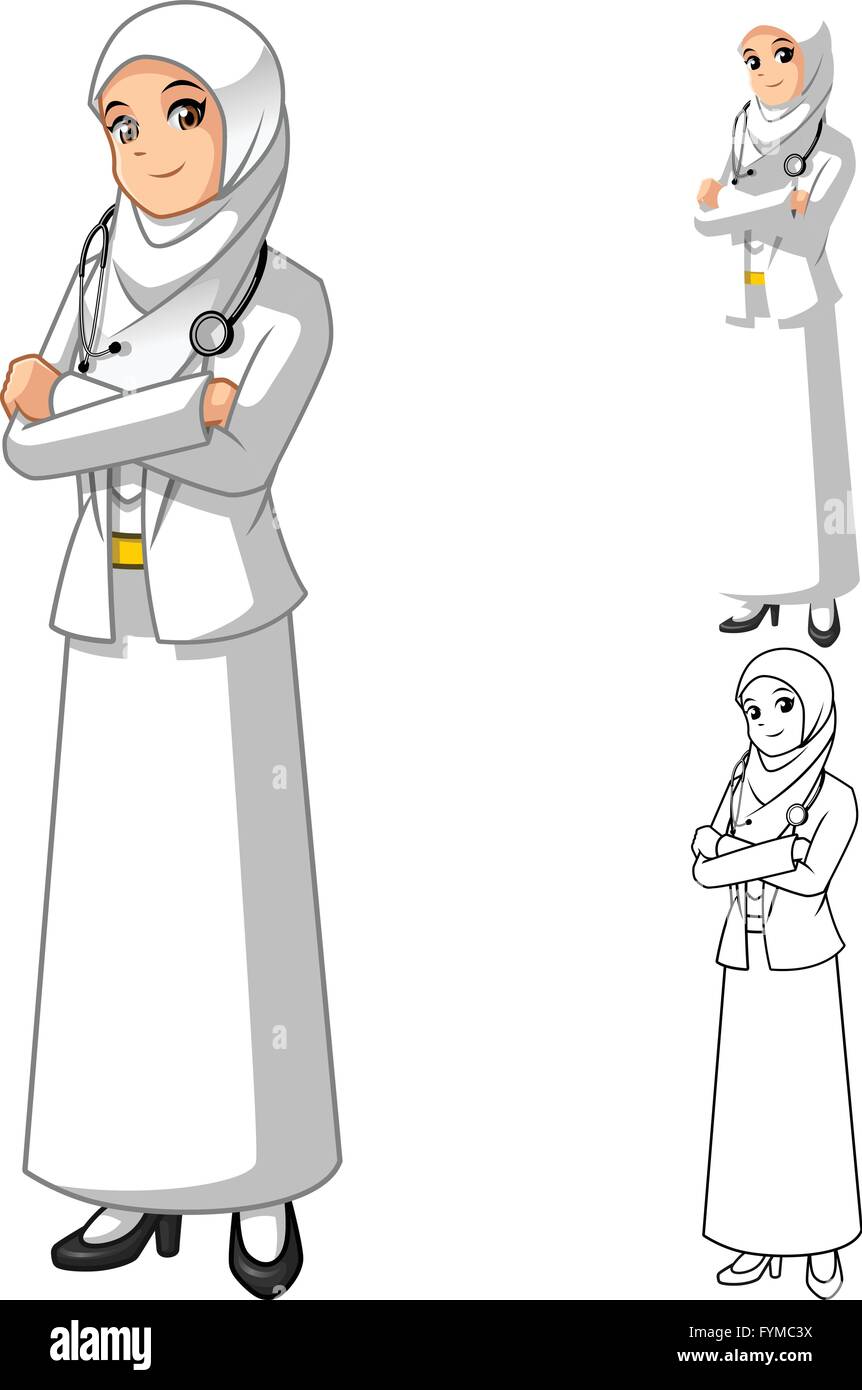 Muslimische Frau Doktor tragen weiße Schleier oder Schal mit gefalteten Händen-Cartoon-Charakter-Vektor-Illustration Stock Vektor