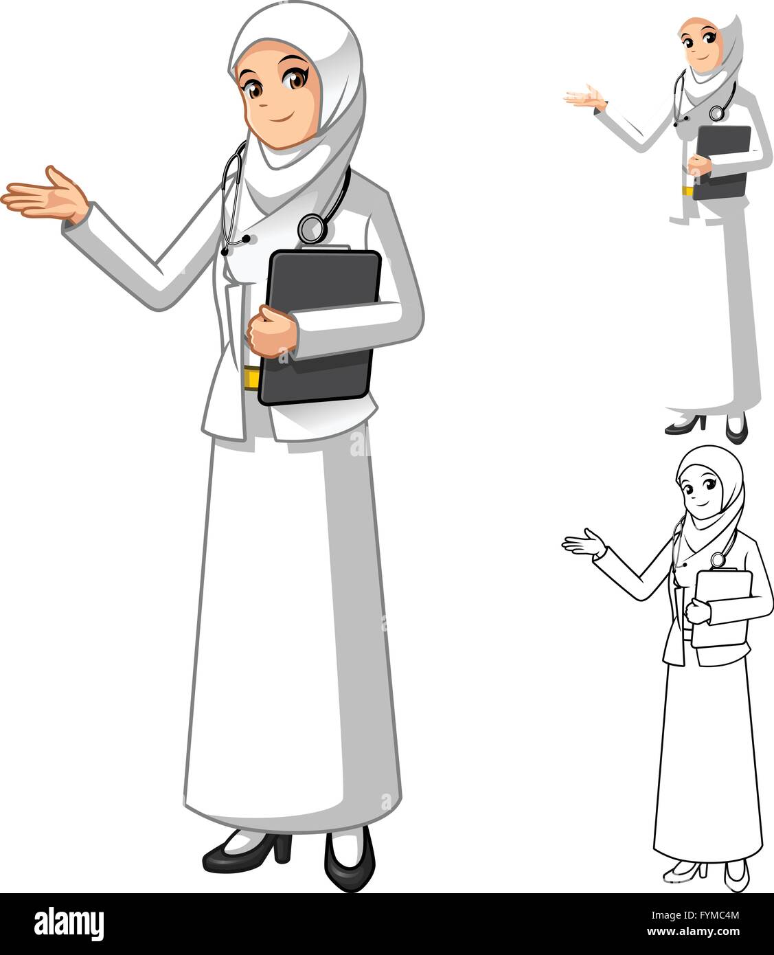 Muslimische Frau Doktor tragen weiße Schleier oder Schal mit einladenden Hände Cartoon Charakter Vektor-Illustration Stock Vektor