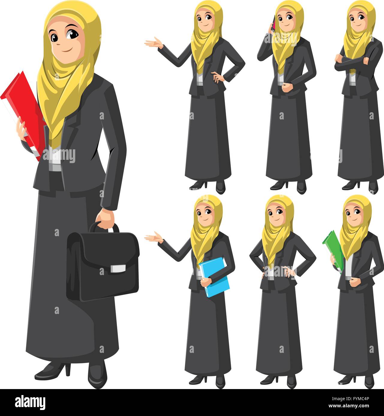 Satz von modernen muslimischen Geschäftsfrau tragen gelbe Schleier oder Schal-Cartoon-Charakter-Vektor-Illustration Stock Vektor
