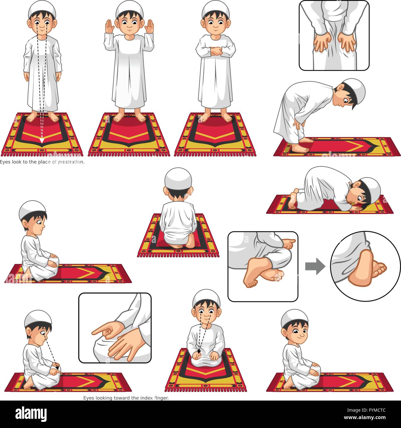 Komplettes Set von muslimischen Gebet Position Anleitung Schritt für Schritt durchführen, indem junge Vektor-Illustration Stock Vektor