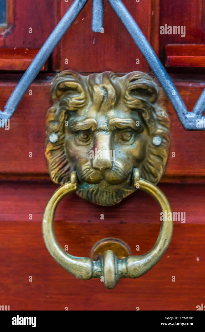 Alte Tür mit Löwen Kopf knoker Stockfoto