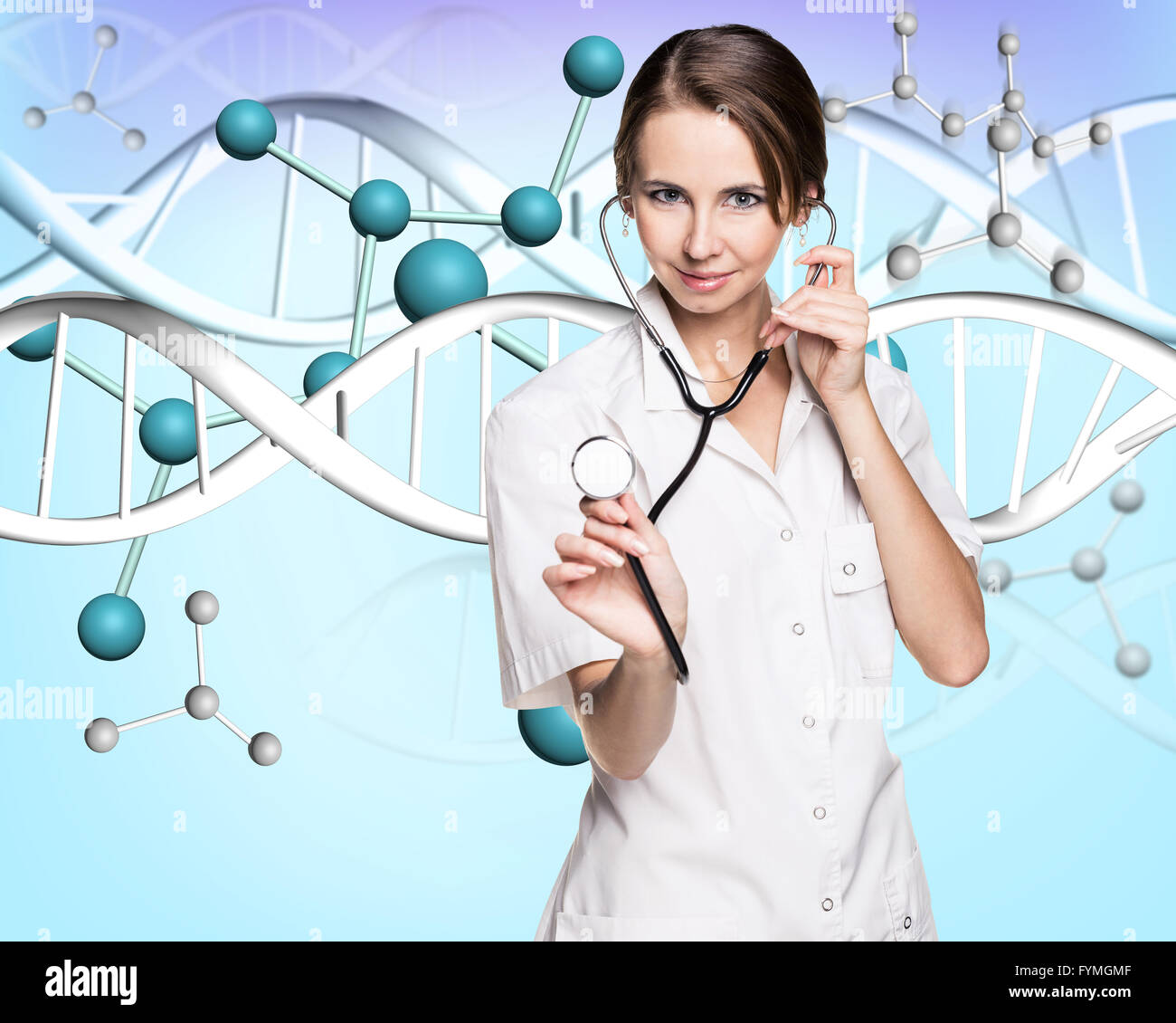 Weibliche Arzt und Dna-Molekül-Formel Stockfoto