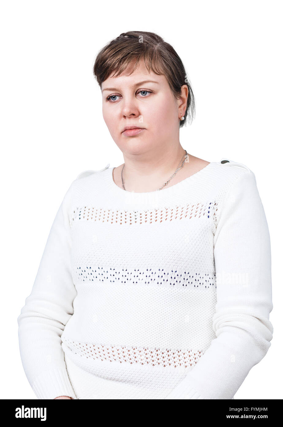 Traurige Frau mit Übergewicht Stockfoto
