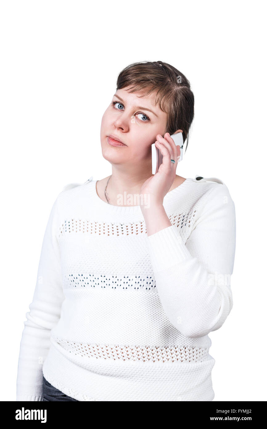Rundliche Frau sprechen am Telefon Stockfoto