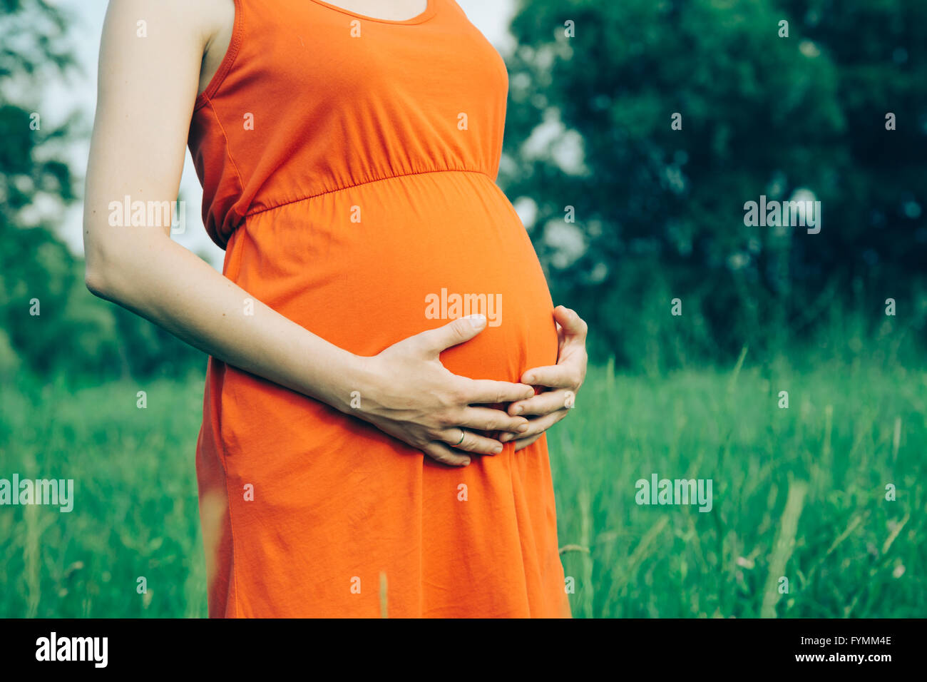 Schwangere Frau legte ihre Hände auf den Bauch Stockfoto