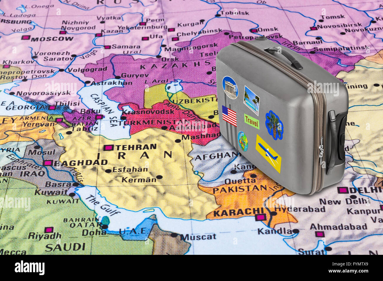 Asien-Karte und Travel case mit Aufklebern (meine Fotos) Stockfoto