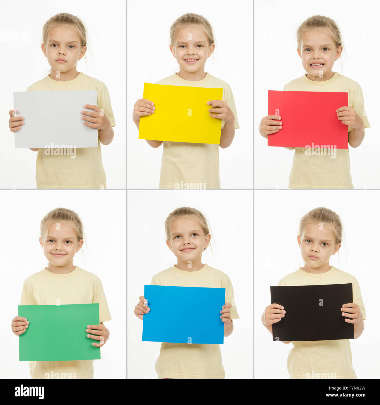 Collage aus sechs Porträts Mädchen mit verschiedenen farbigen monochromatische Karten Stockfoto