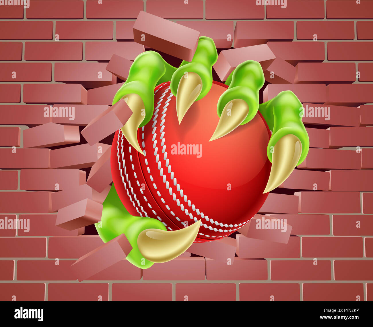 Ein Beispiel für eine Kralle Hand ein Cricketball eine Mauer durchbrechen Stockfoto