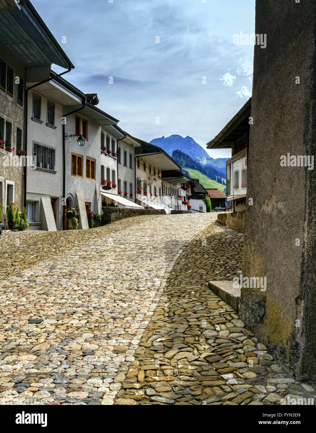 Straße in Gruyeres Dorf, Fribourg, Schweiz Stockfoto