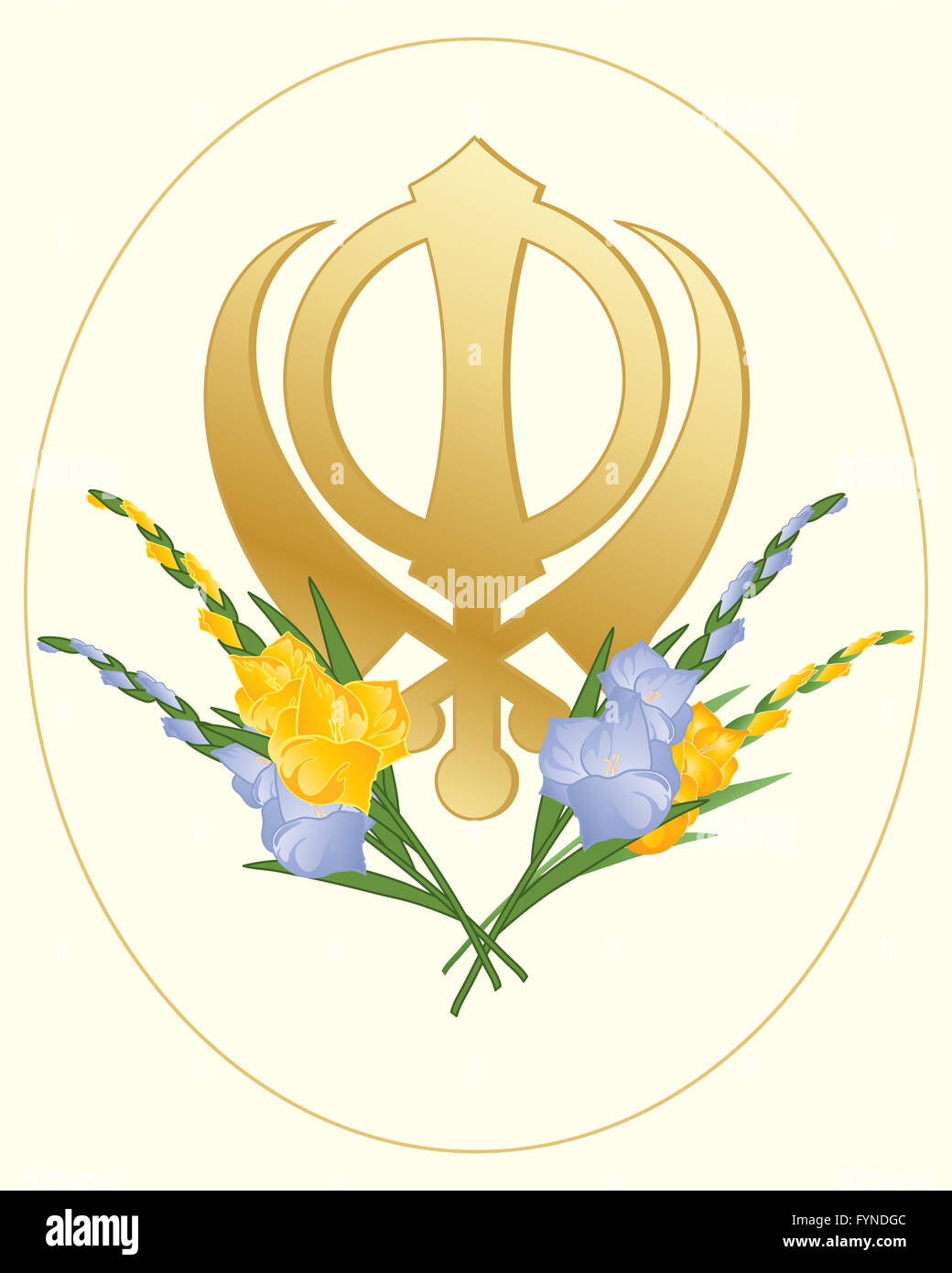 ein Beispiel für eine Grußkarte mit einem Sikh golden Symbol des Glaubens dekoriert mit Gladiolen-Blüten auf einem cremefarbenen Hintergrund Stockfoto