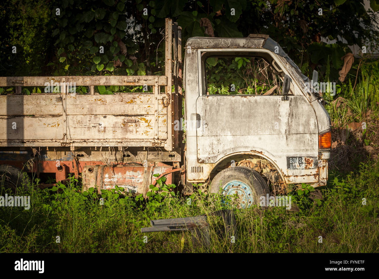 Alten, verlassenen Lastwagen an der Seite einer ländlichen Straße liegend, Sabah, Borneo Stockfoto