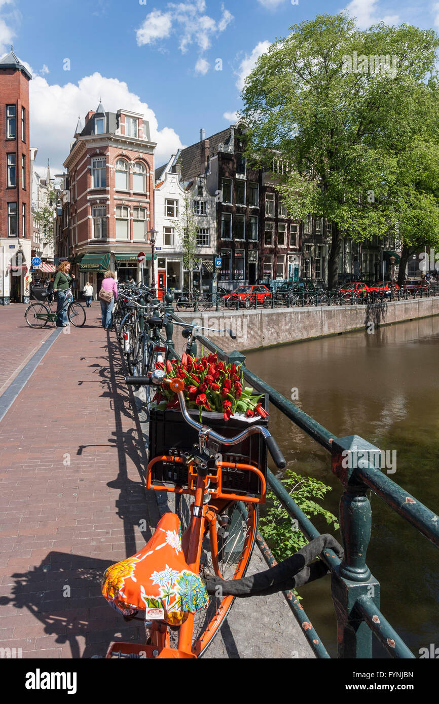 Einzelne Gracht Amsterdam Fahrrad mit Tulpen Amsterdam, Niederlande Stockfoto