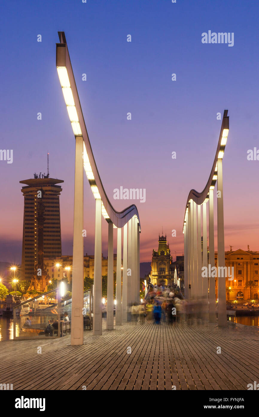 Rambla de Mar, Fußgängerbrücke, Sonnenuntergang, Port Vell, Barcelona, Spanien Stockfoto