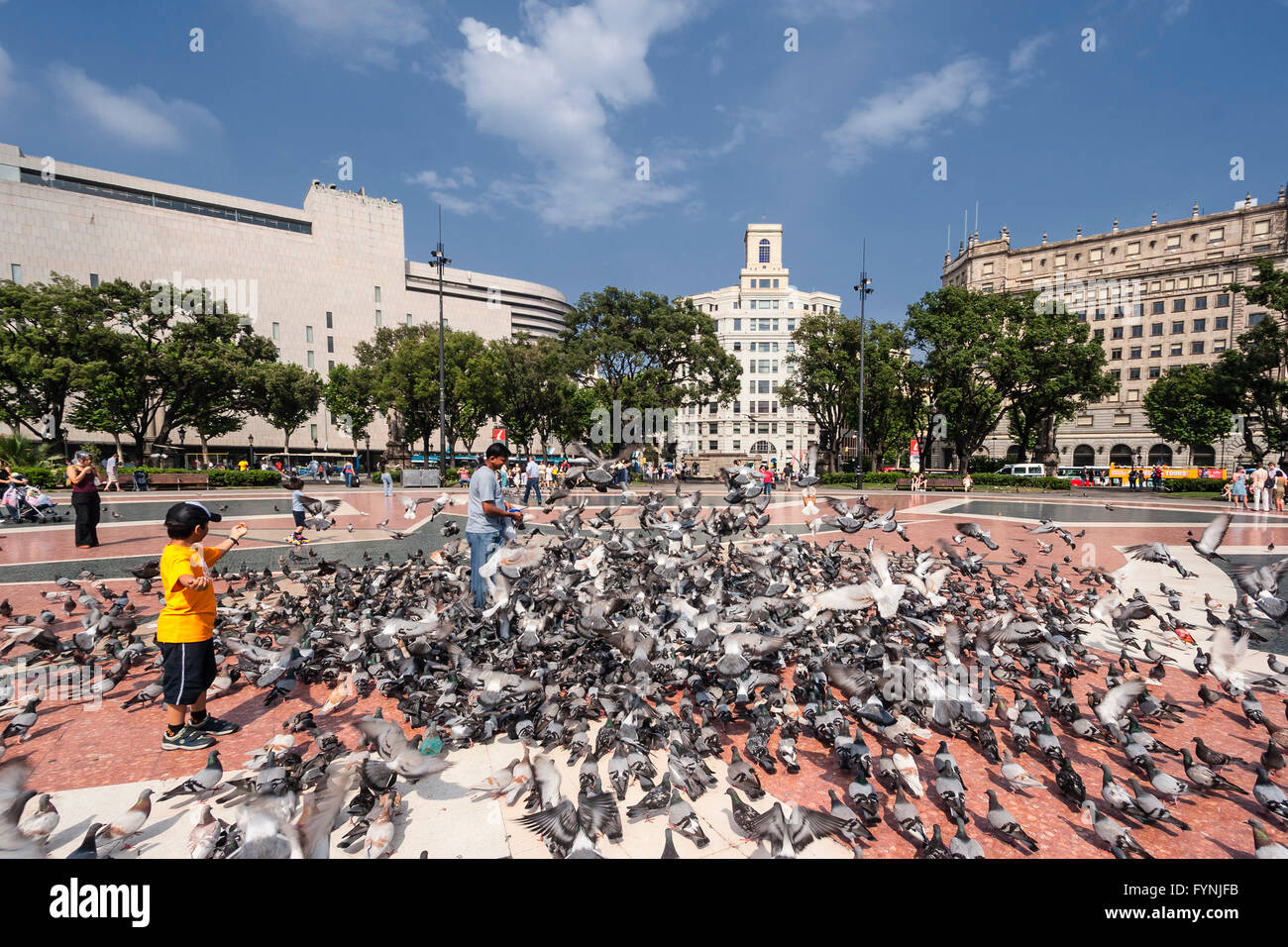 Die Plaza De Catalunya, Touristen mit Tauben, Barcelona, Spanien Stockfoto
