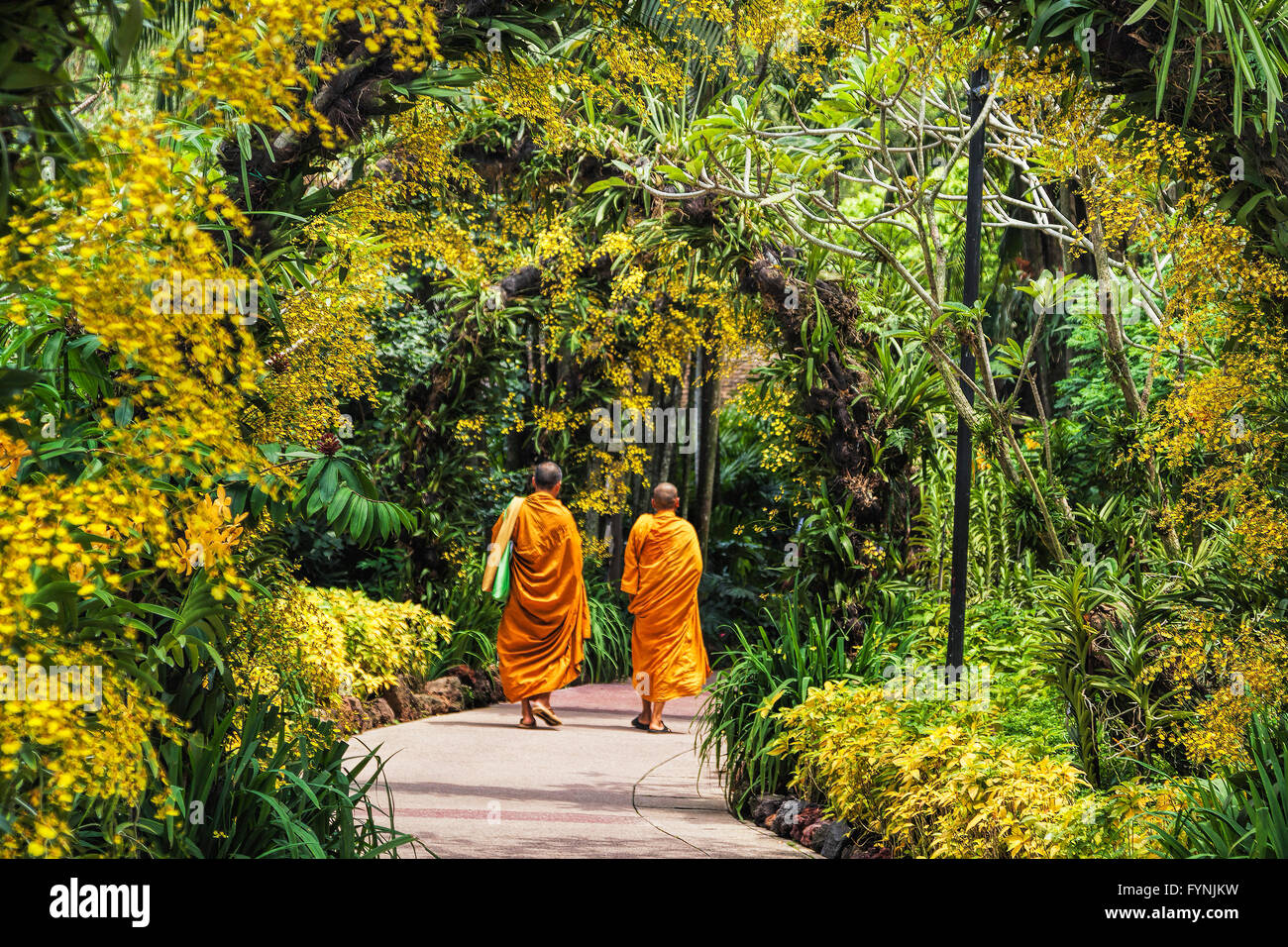 Zwei buddhistische Mönche in botanischen Gärten, Singapur Stockfoto