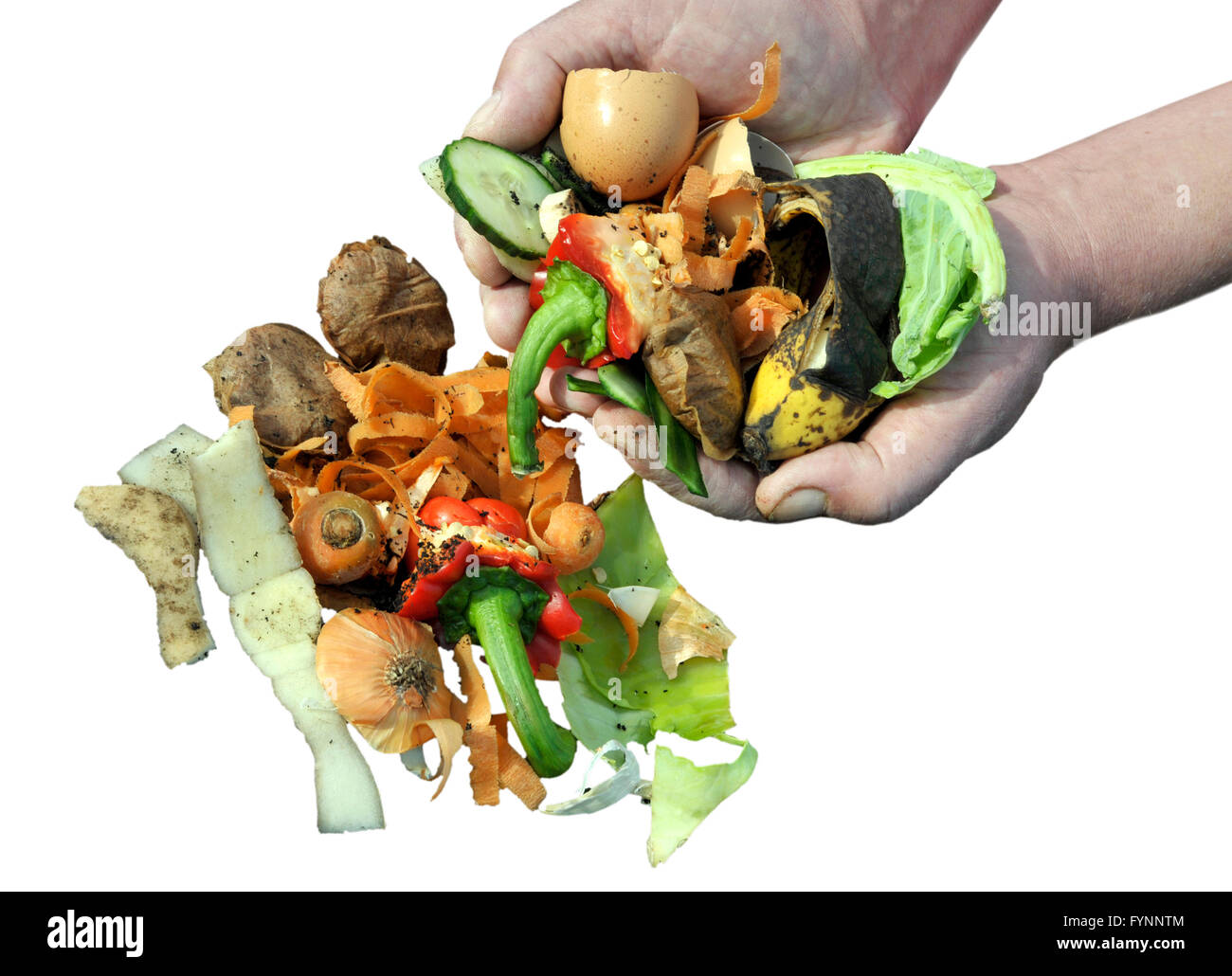 Umgang mit Küche Essen und Garten Gemüse Abfallstoffen nach Hause Recycling durch Kompostierung. Isolierte Bild. Stockfoto