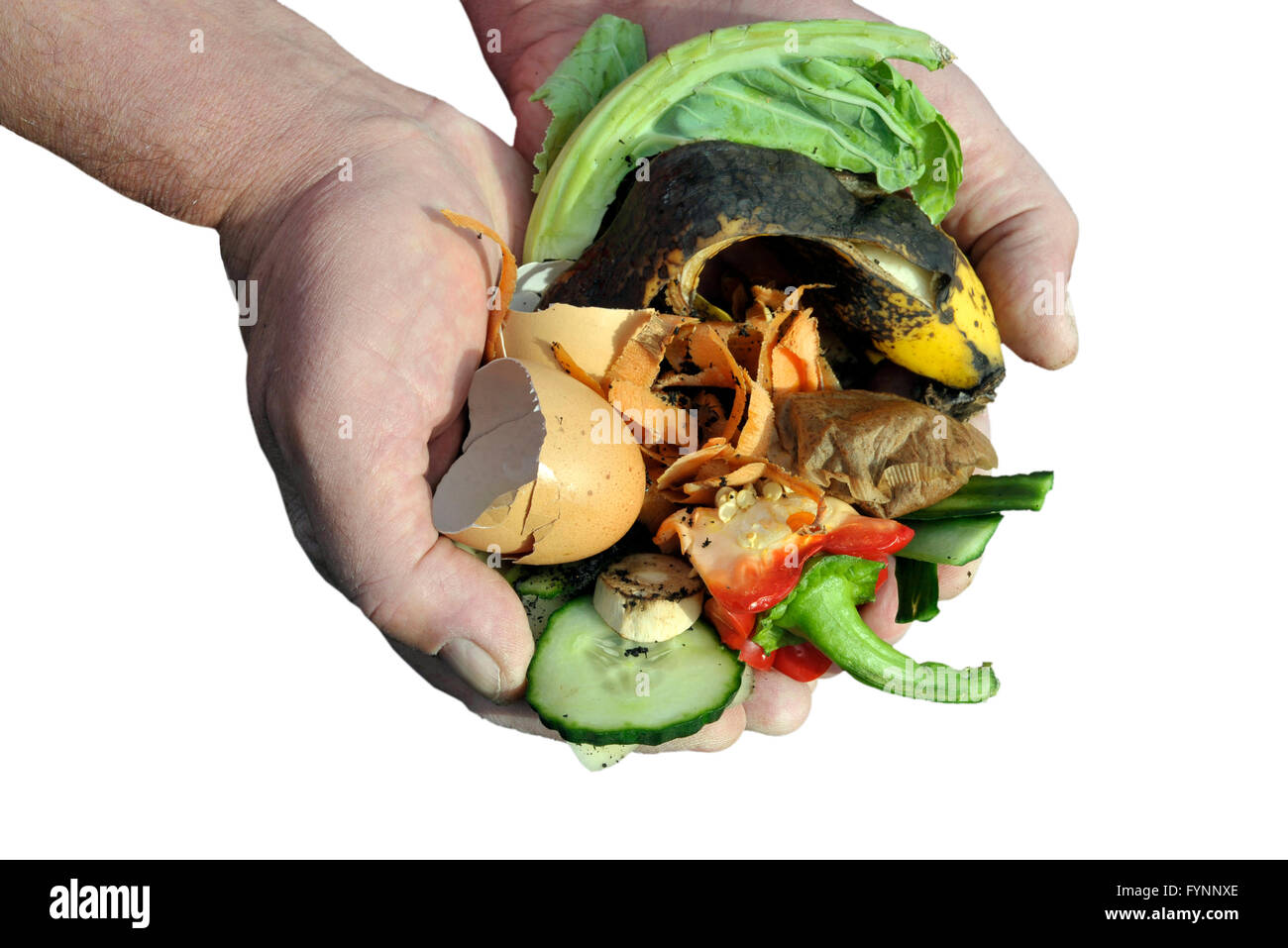 Umgang mit Küche Essen und Garten Gemüse Abfallstoffen nach Hause Recycling durch Kompostierung. Isolierte Bild. Stockfoto