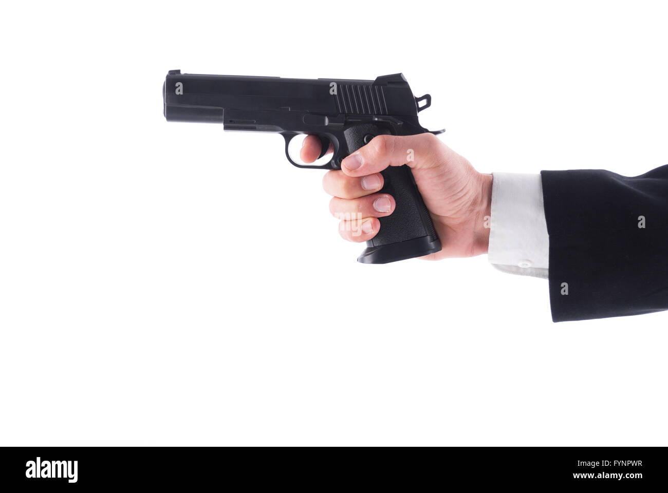 Mann mit einer Pistole auf einem weißen Hintergrund. Stockfoto