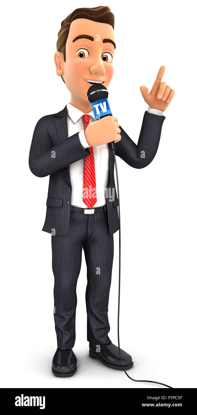 3D Geschäftsmann Reporter mit Mikrofon, isolierten weißen Hintergrund Stockfoto