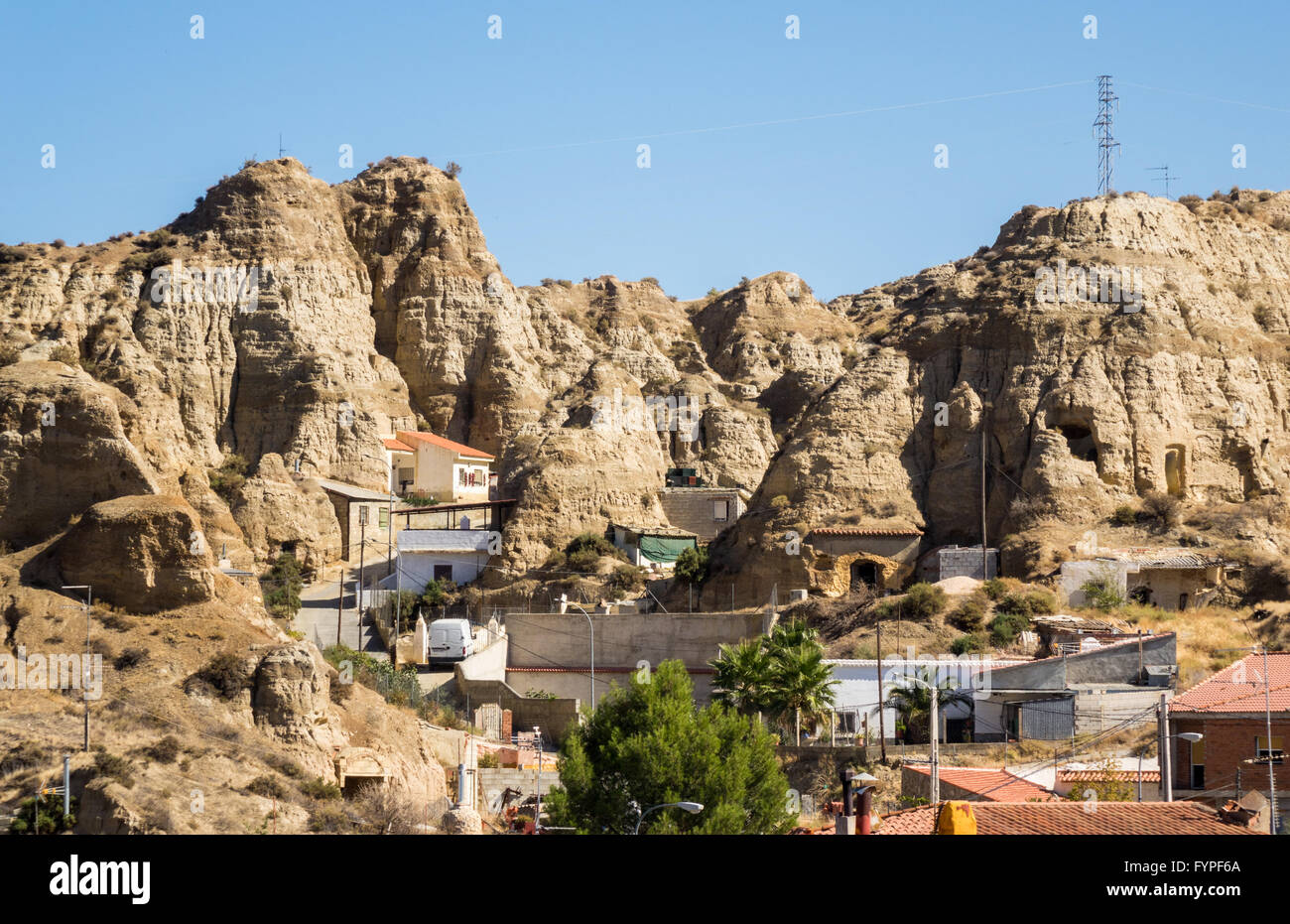 Ungewöhnliche Höhlenwohnungen in Purullena in der Nähe von Guadix, Spanien Stockfoto