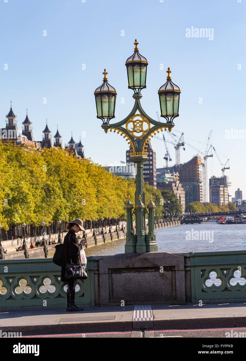 Erwachsene Frau konzentriert sich auf Smartphone in London Stockfoto