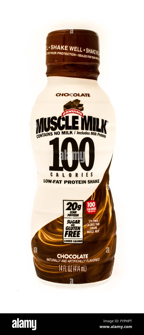 Winneconne, Wisconsin - 29. August 2015: Flasche Muslce Milchshake low-Fett-Protein-Schokoladenaroma Stockfoto