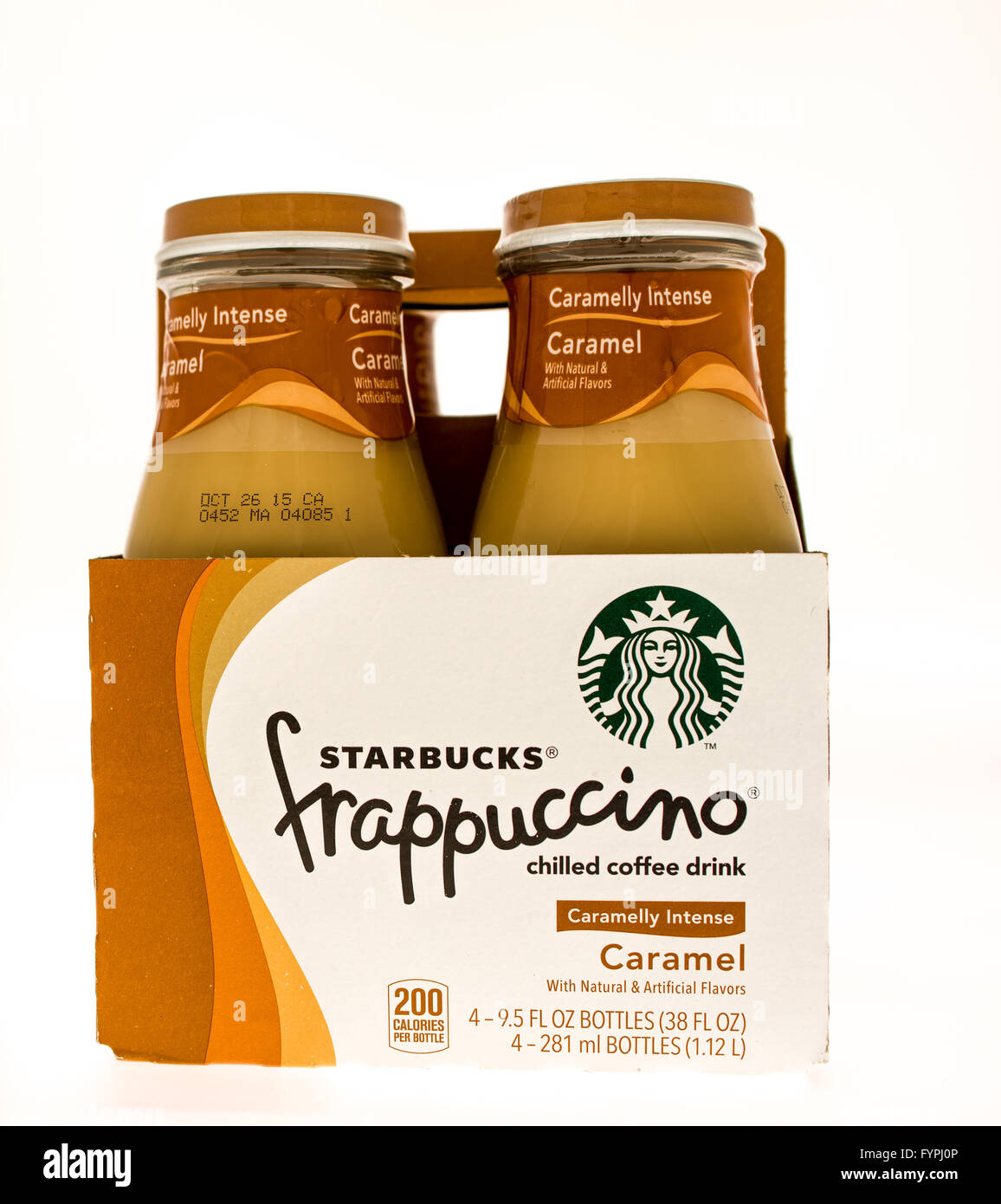 Winneconni, WI - 10. Juni 2015: vier Pack von Starbucks Frappccino in Karamell-Geschmack Stockfoto