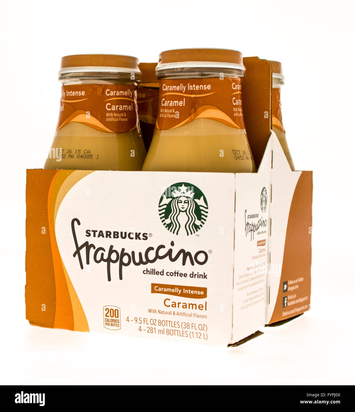 Winneconni, WI - 10. Juni 2015: vier Pack von Starbucks Frappccino in Karamell-Geschmack Stockfoto