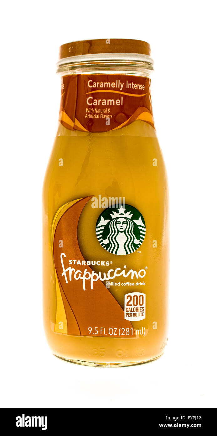 Winneconni, WI - 10. Juni 2015: einzelne Flasche von Starbucks Frappuccino in Karamell-Geschmack Stockfoto