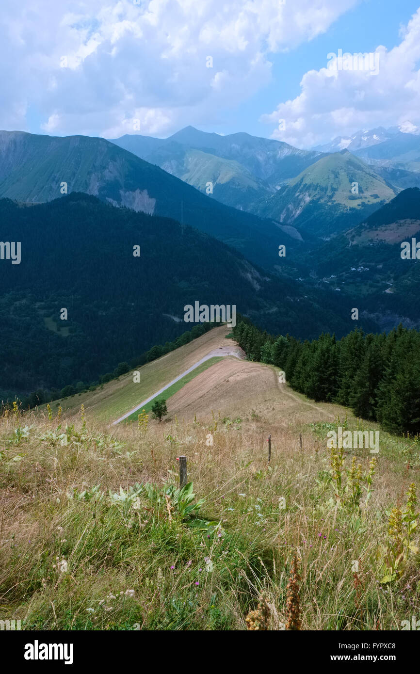 Mit Blick auf einen Bergrücken mit Pinien und ein Fußweg in den französischen Alpen. Berggipfel mit Schnee sieht man in der staatlich Stockfoto