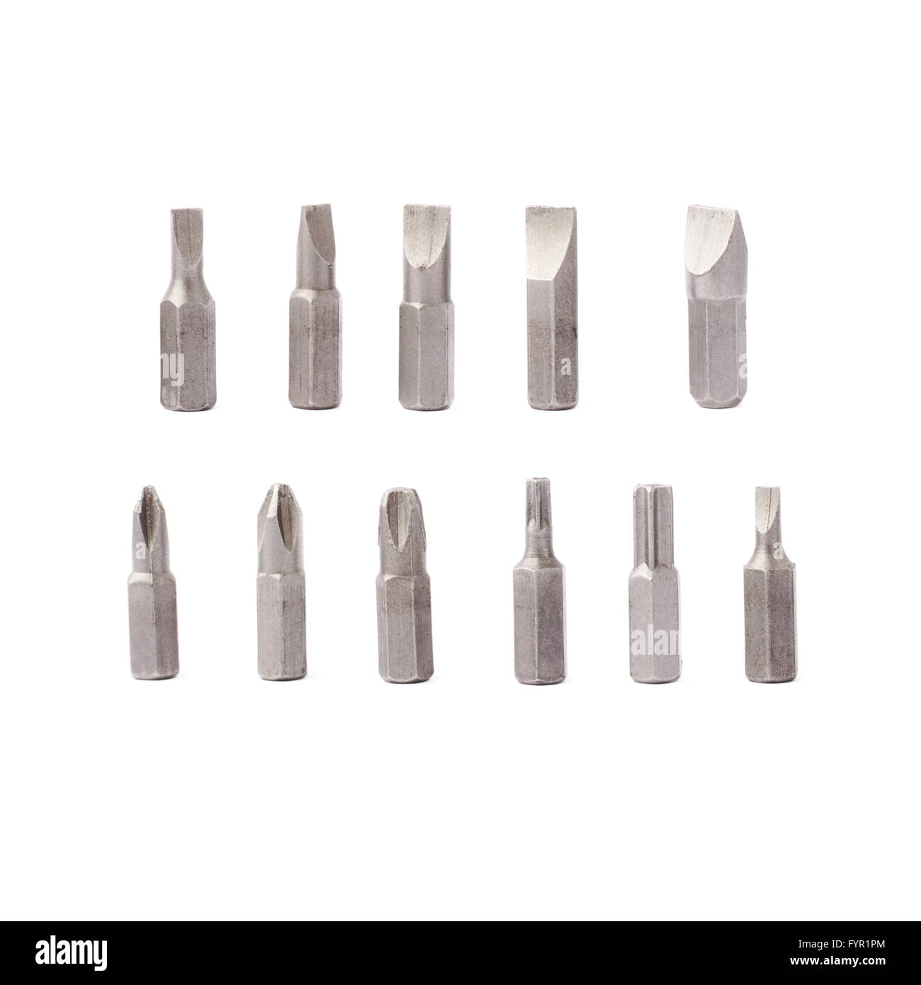 Schraubendreher Bits gesetzt über weißen Hintergrund isoliert Stockfoto