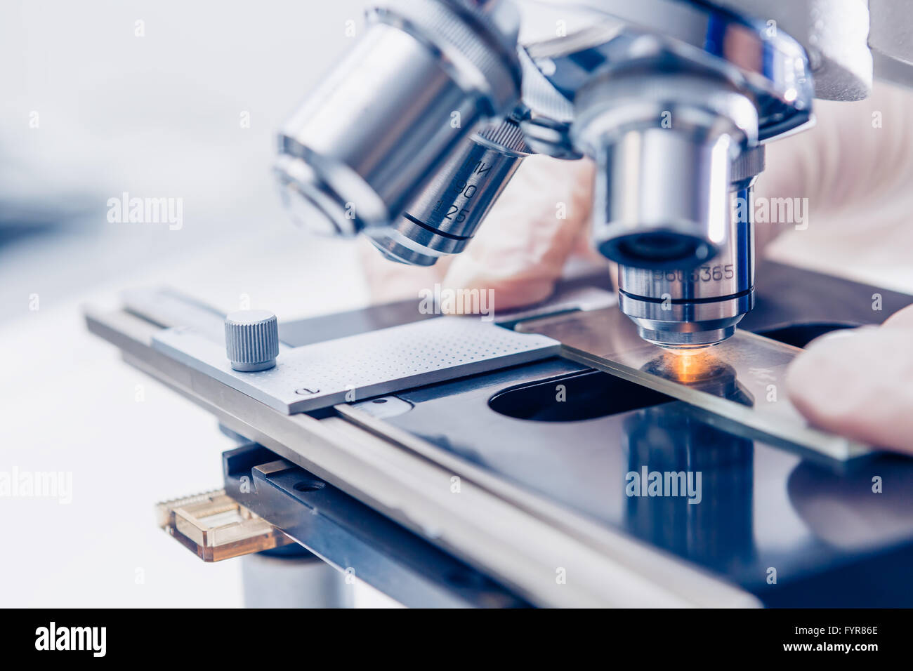 Wissenschaftler Hände mit Mikroskop Stockfoto