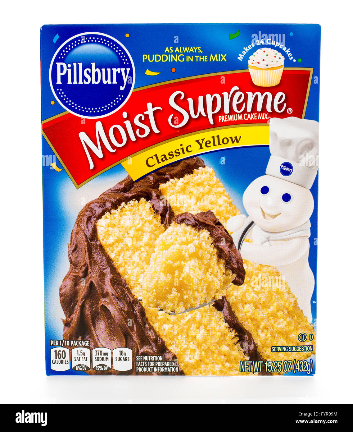 Winneconne, Wisconsin - 8. Februar 2015: Box von Pillsbury feucht Supreme klassische gelbe Kuchen-Mix. Stockfoto
