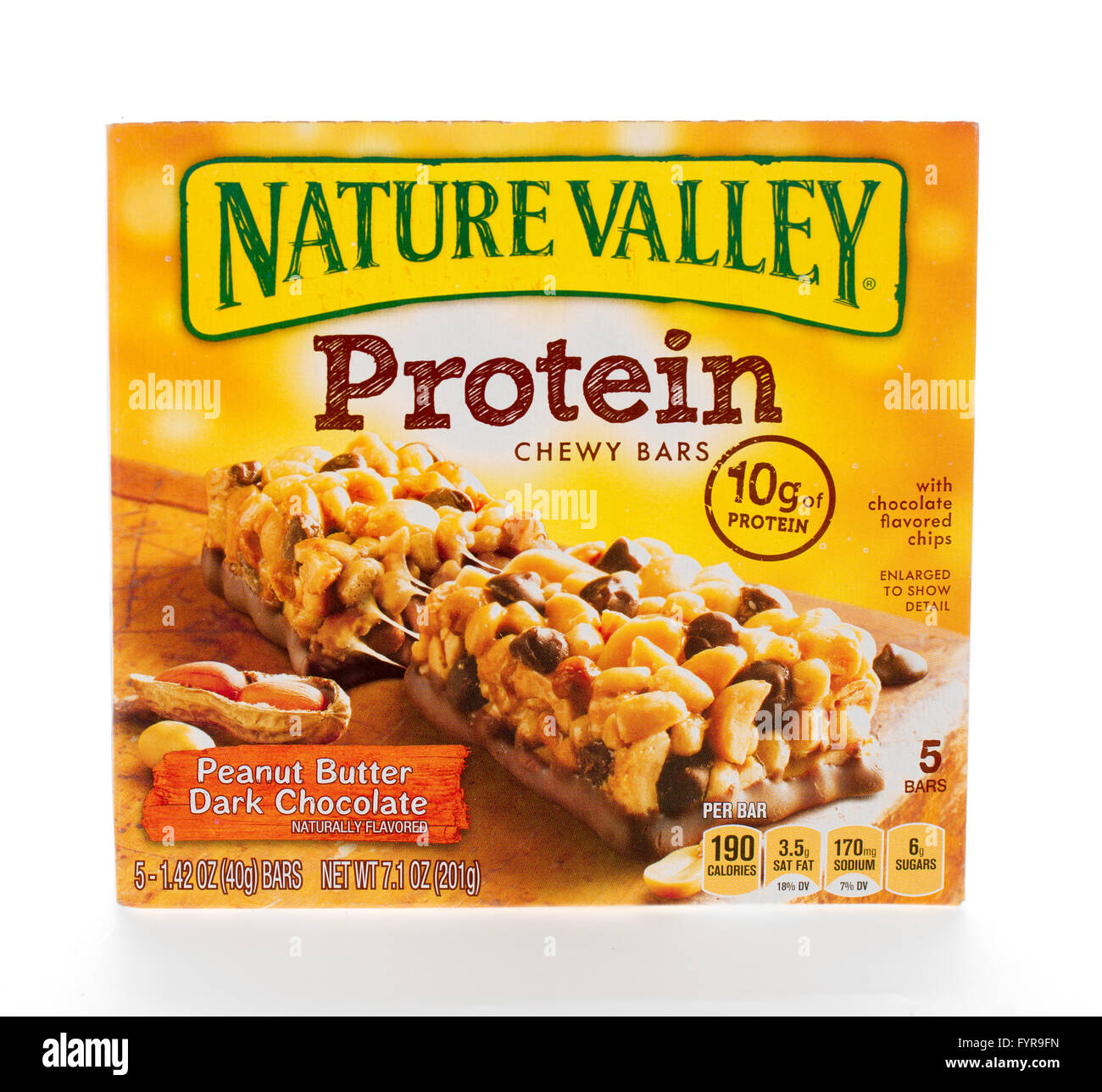 Winneconne, Wisconsin - 7. Februar 2015: Box Nature Valley Protein Erdnussbutter, dunkle Schokolade. zähe Bars. Stockfoto