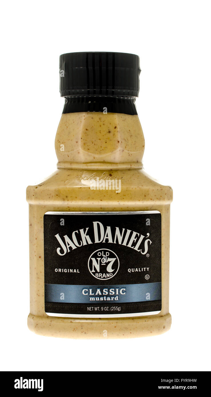 Winneconne, Wisconsin -4 Nov 2015: klassische Senf Flasche Jack Daniel's. Stockfoto