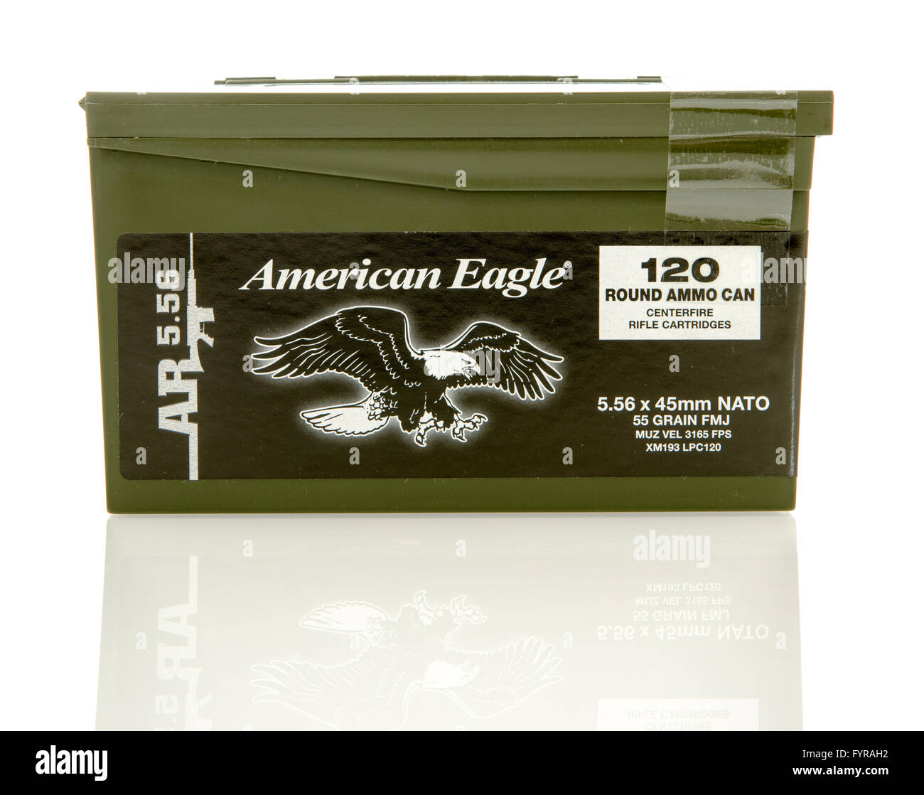 Winneconne, Wisconsin - 10. Januar 2016: Munition kann von American Eagle 5,56 x 45 mm Nato zu runden. Stockfoto