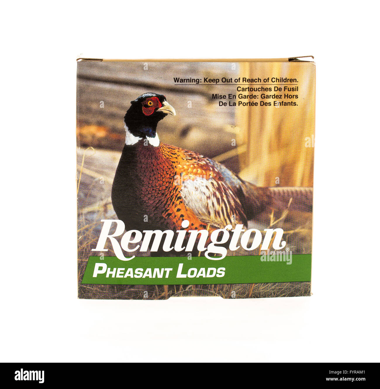 Winneconne, Wisconsin - 20. April 2015: Schachtel mit Fasan Last Schrotpatronen von Remington gemacht. Stockfoto