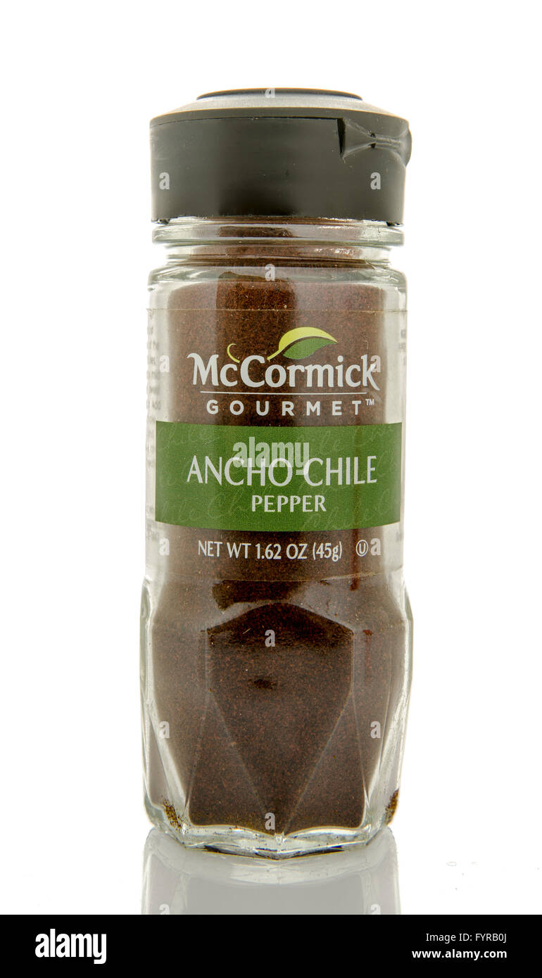 Winneconne, Wisconsin - 26. Februar 2016: Flasche von McCormick Gourmet-Ancho Chile Pfeffer Stockfoto