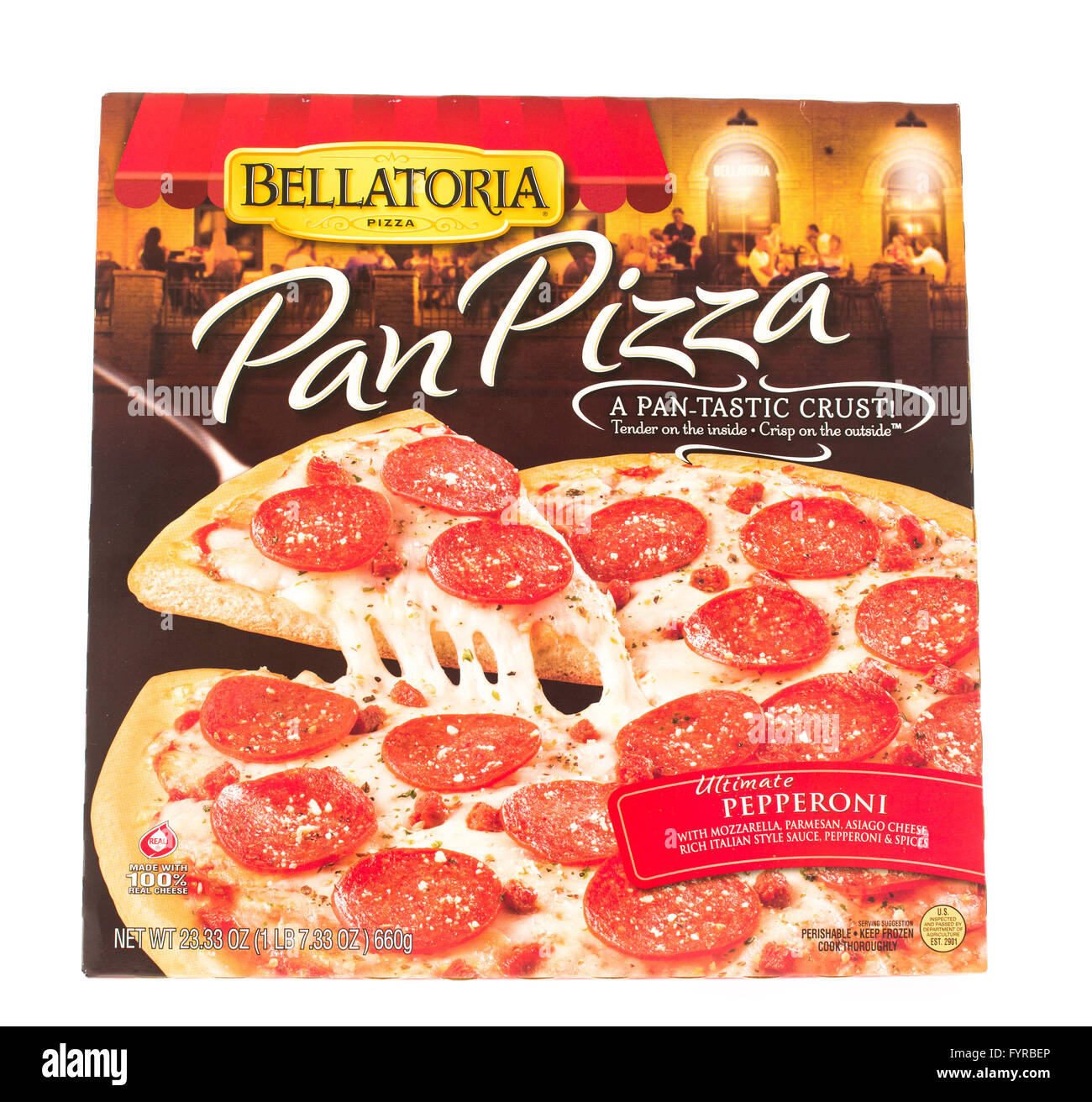 Winneconne, Wisconsin - 5. Juni 2015: Box Bellatoria Pfanne ultimative Peperoni Tiefkühlpizza. Stockfoto