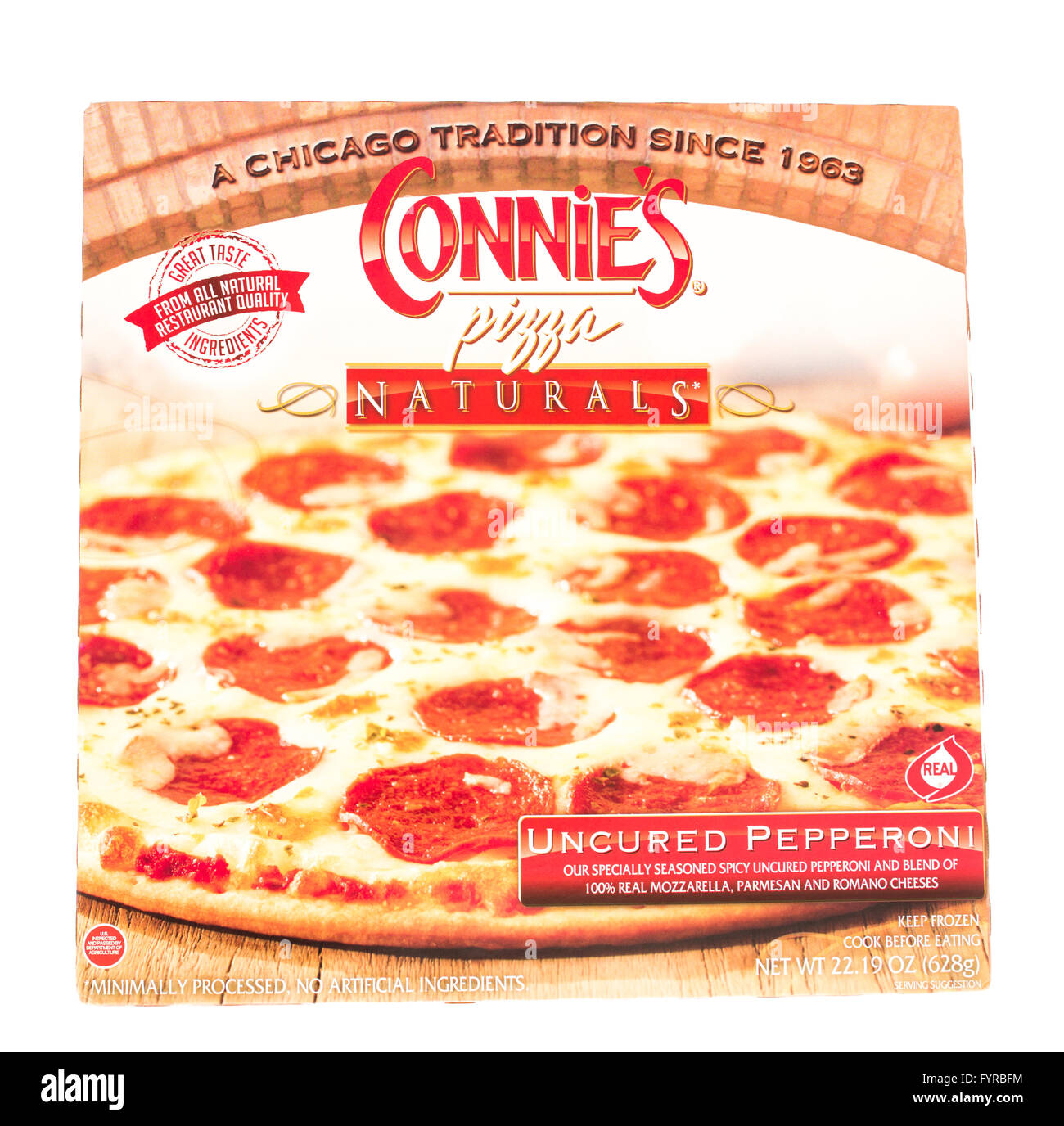 Winneconne, Wisconsin - 5. Juni 2015: Box von Connie Tiefkühl-Pizza mit Salami Stockfoto