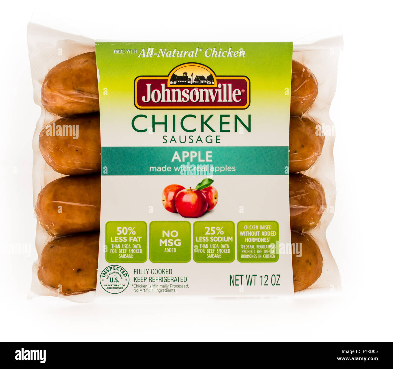 Winneconne, Wisconsin - 7. August 2015: Paket Johnsonville Huhn mit Äpfeln Stockfoto