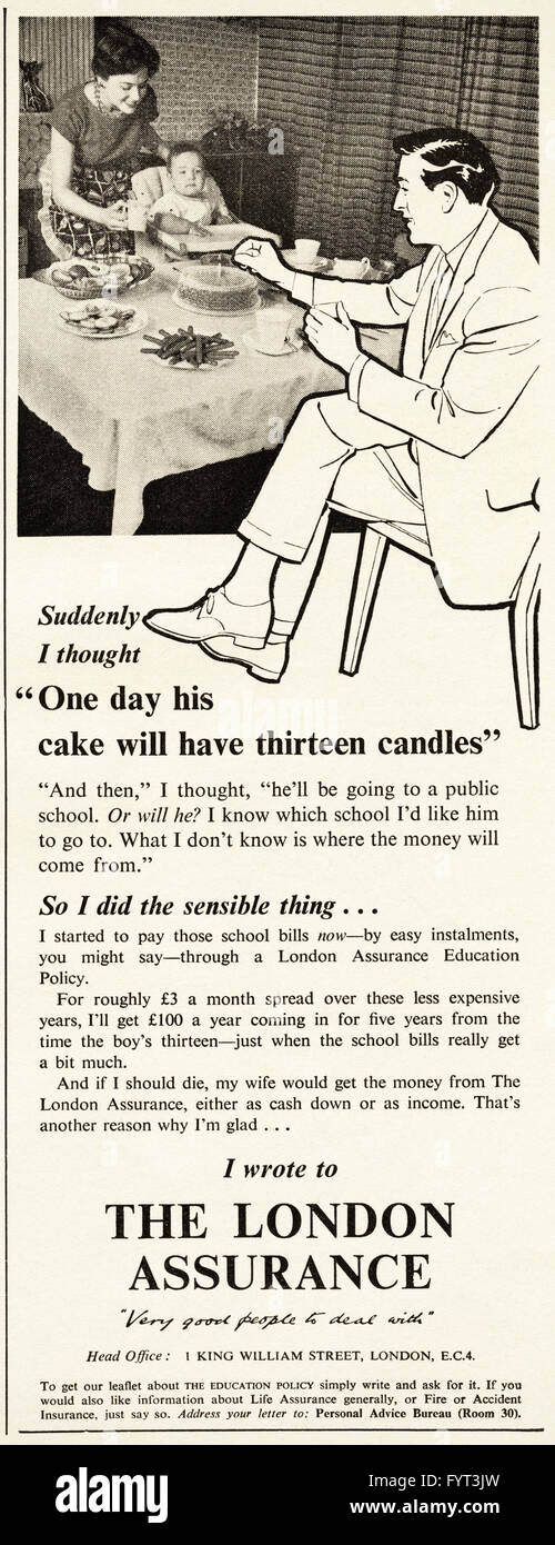 Original alte Vintage 1960er Jahre Magazin Anzeige datiert 1962. Werbung Werbung The London Assurance Stockfoto