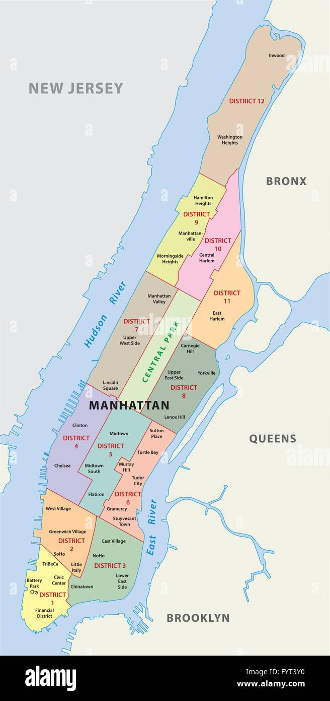 New York City, Manhattan District Karte Vektor Abbildung - Bild