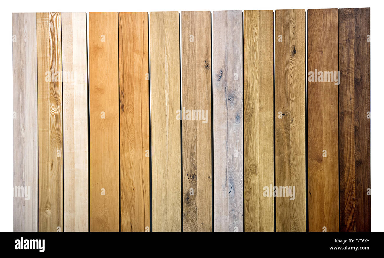 Farbigen Hintergrundtextur und Muster der verschiedenen Holzarten und Farben in aufrecht parallel Dielen in einer Vollbild-Ansicht Stockfoto