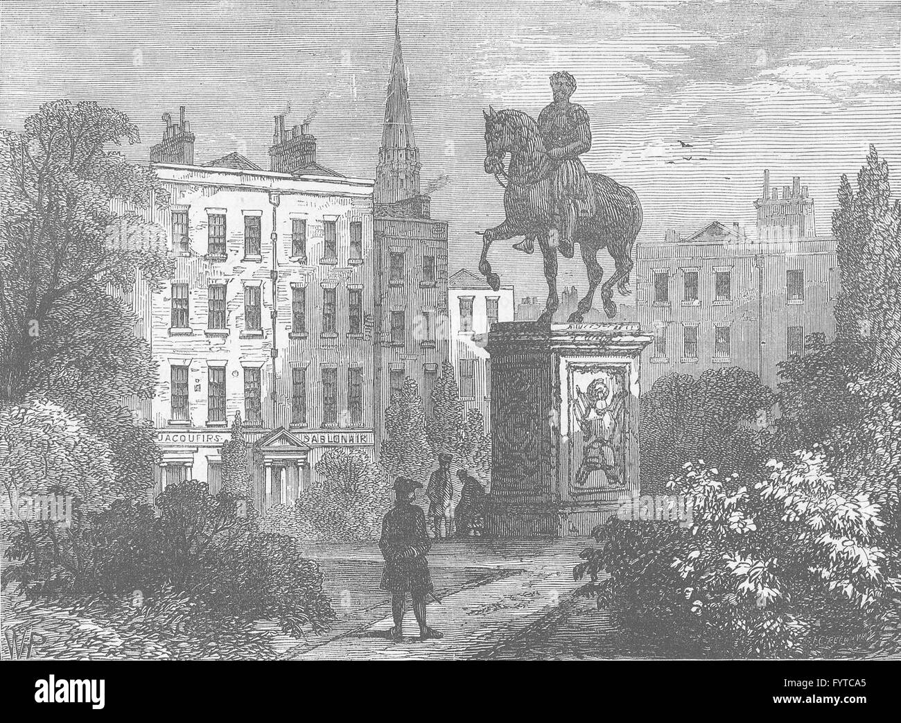LEICESTER SQUARE: Statue von George 1., und Hogarths Haus, 1790. London, c1880 Stockfoto