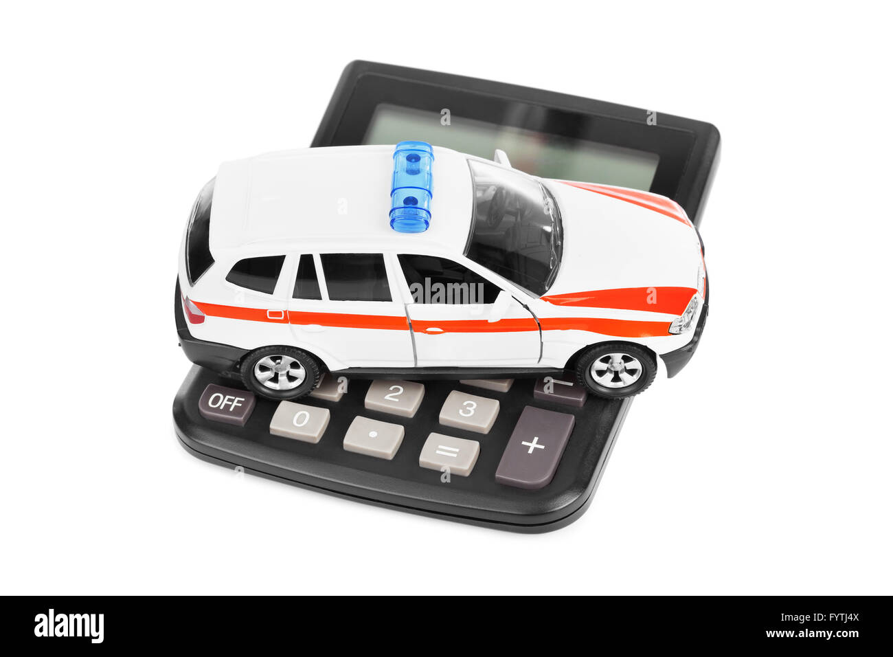 Rechner und Spielzeug Polizeiauto Stockfoto